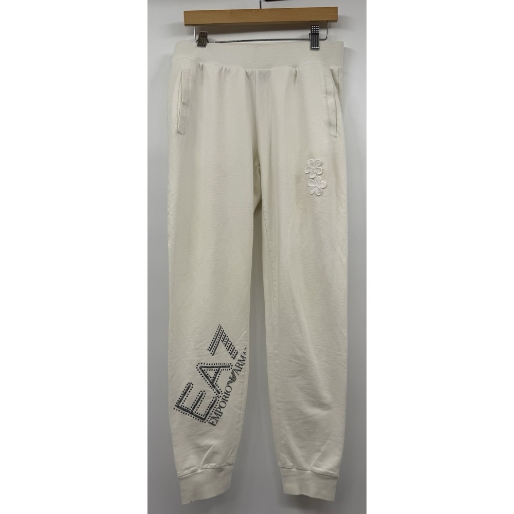 Emporio Armani EA7 Jogger Pants Women's SM Ivory Rhinestone Logo Athleisure EUC